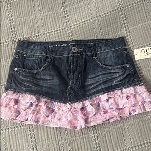 Guess Dark Denim Skirt with Floral Pink Ruffles
